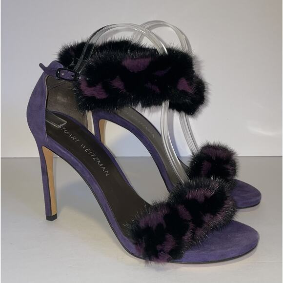 Stuart Weitzman Shoes Womens Size 8.5 Purple Fur Suede High Heel Sandals Strap - Picture 2 of 16